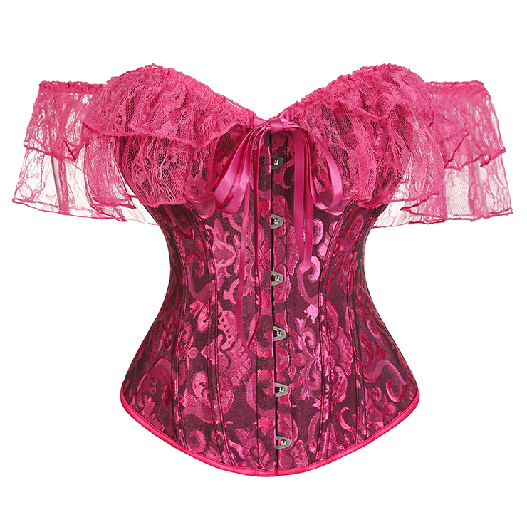 Vintage corset, Pink bustier, Off-shoulder top, Ruffled sleeves, Retro lingerie, Front button corset, Feminine shapewear, Themed party costume, Romantic corset top, Floral pattern lingerie #N237843