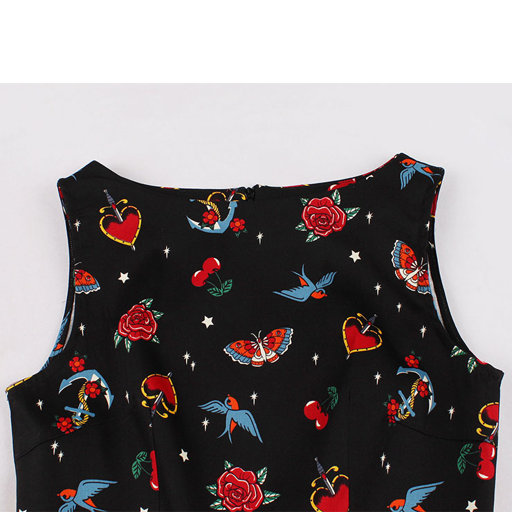 Retro Rose and Heart Print Round Neckline Sleeveless High Waist Summer Party Midi Dress N21861
