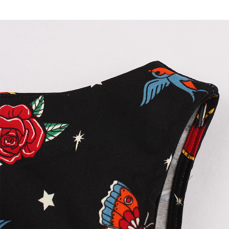 Retro Rose and Heart Print Round Neckline Sleeveless High Waist Summer Party Midi Dress N21861