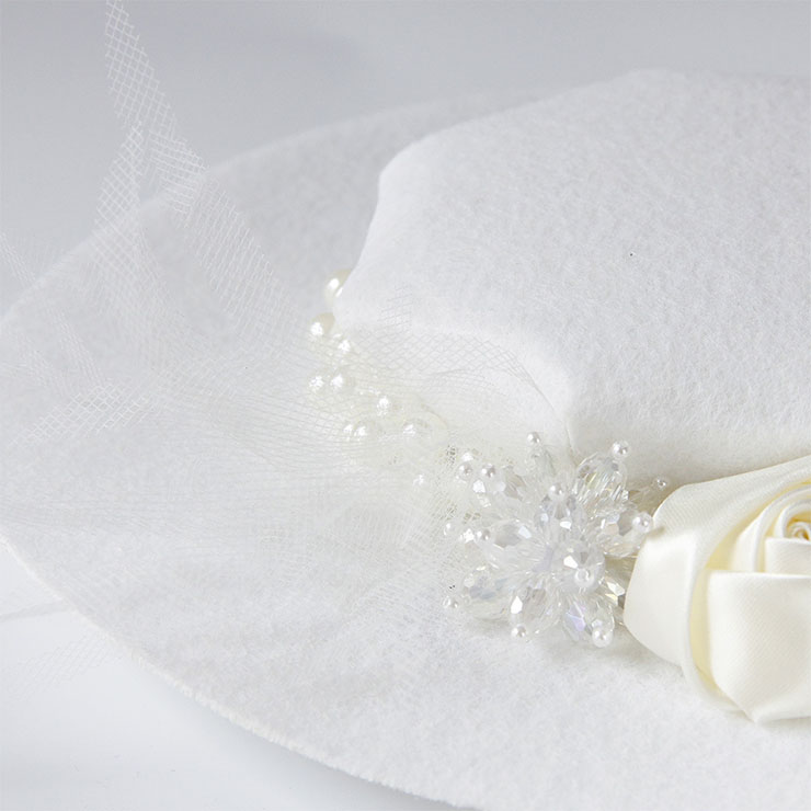 Vintage White Rose and Pearl Fascinator Bridal Bowler-hat Princess Cosplay Party Accessory J21679