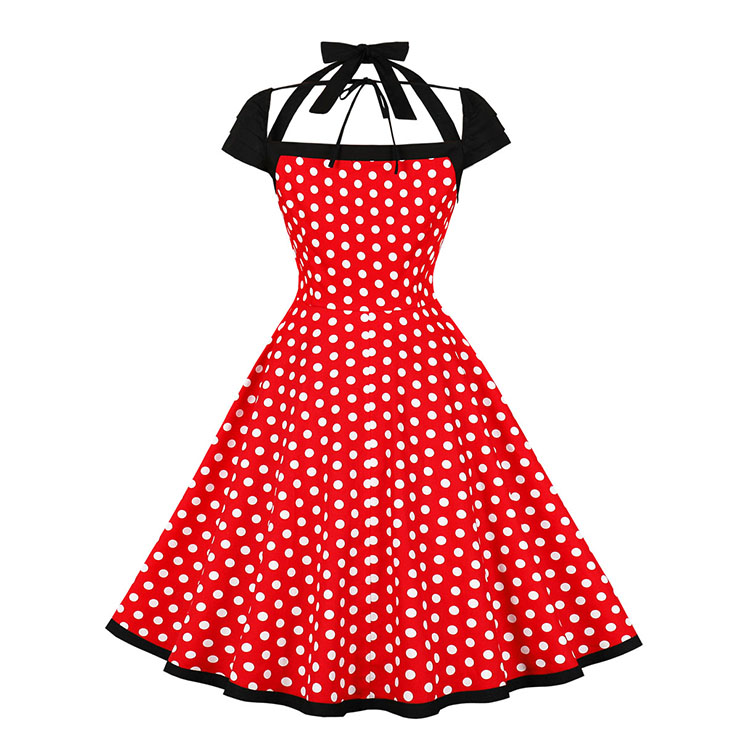 Vintage Sweetheart Round Dot Lace-up Short Sleeve High Waist Midi Dress N22774