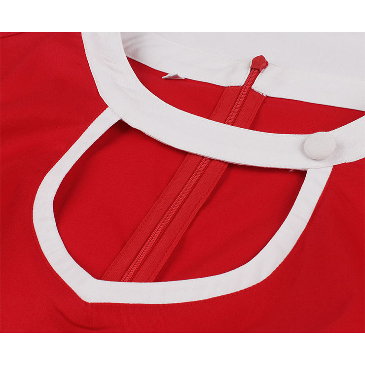 1950's Vintage Round Neck Cut-out Short Sleeves High Waist Color Blocking Cocktail Midi Dress N21487