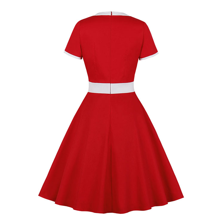 1950's Vintage Round Neck Cut-out Short Sleeves High Waist Color Blocking Cocktail Midi Dress N21487