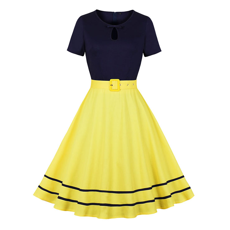 1950's Vintage Round Neck Short Sleeves High Waist Color Blocking Cocktail Belted Swing Dress N21488