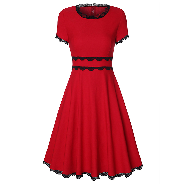 Vintage Red Round Neck Lace Trim High Waist Swing Dress N18749
