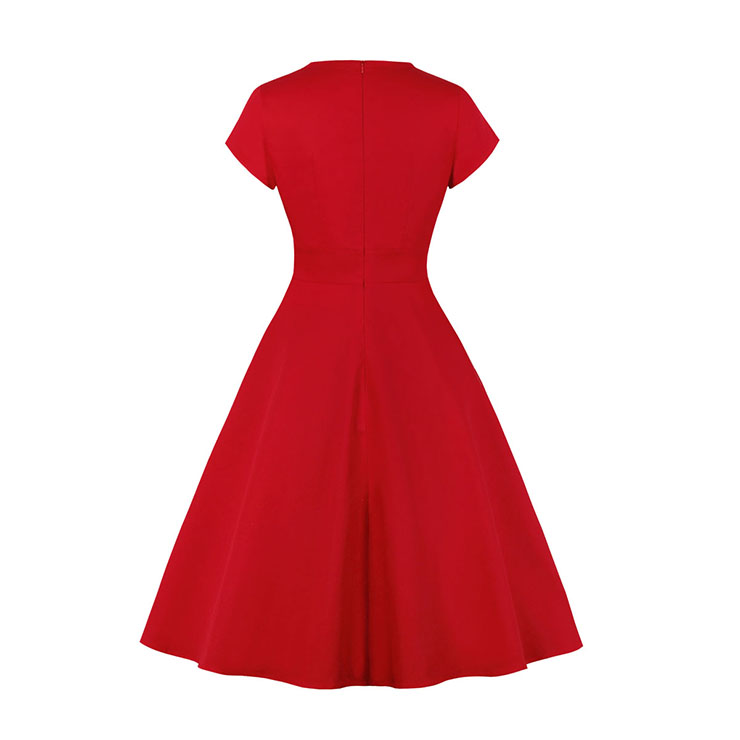 Vintage Round Neckline Front Cut-out Short Sleeve Solid Color High Waist Cocktail Midi Dress N21699