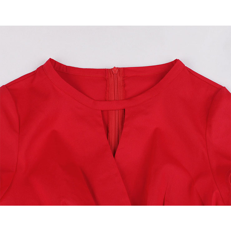 Vintage Round Neckline Front Cut-out Short Sleeve Solid Color High Waist Cocktail Midi Dress N21699