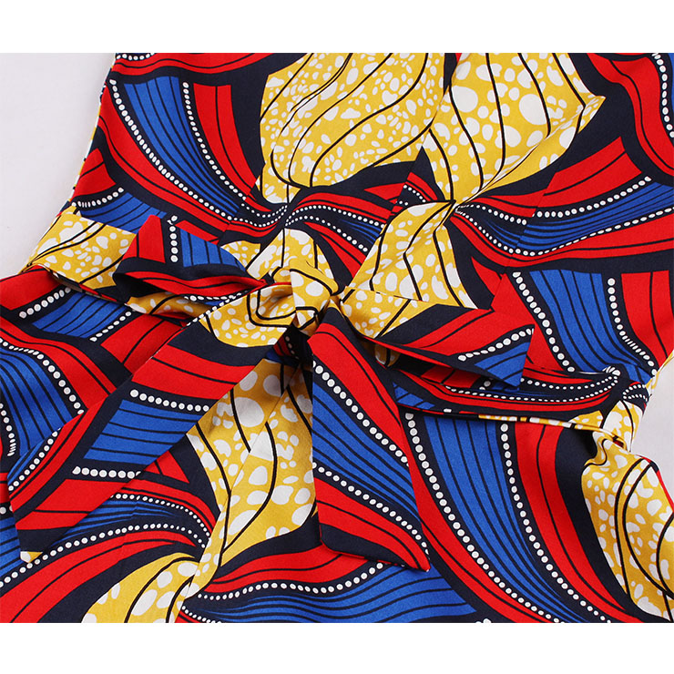 1950s Vintage Round Neckline Sleeveless Art Printed Sash High Waist Summer Swing Dress N21848