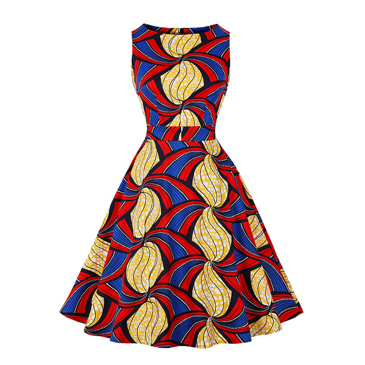 1950s Vintage Round Neckline Sleeveless Art Printed Sash High Waist Summer Swing Dress N21848
