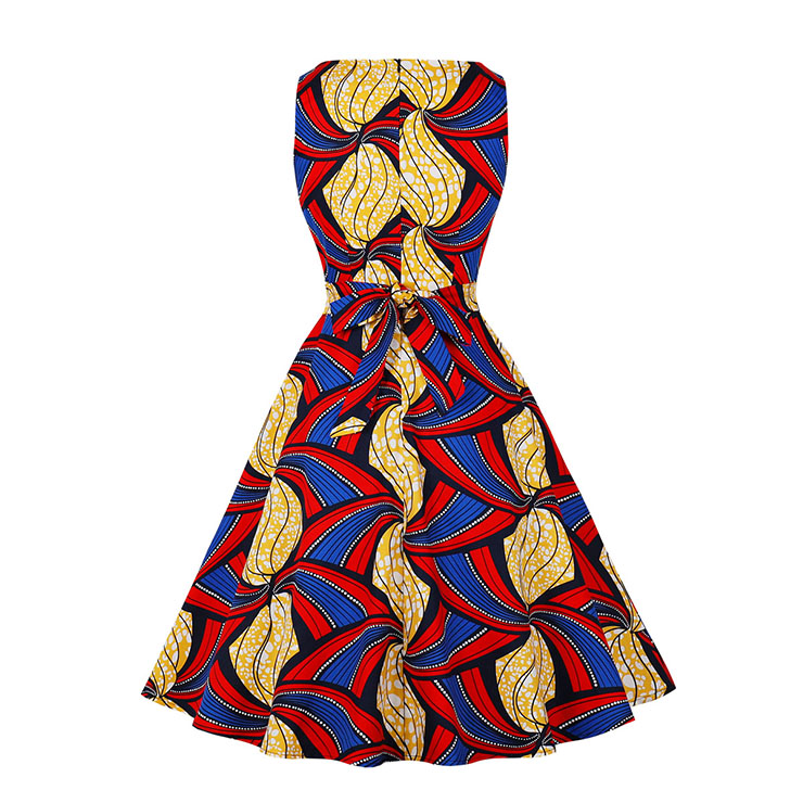 1950s Vintage Round Neckline Sleeveless Art Printed Sash High Waist Summer Swing Dress N21848