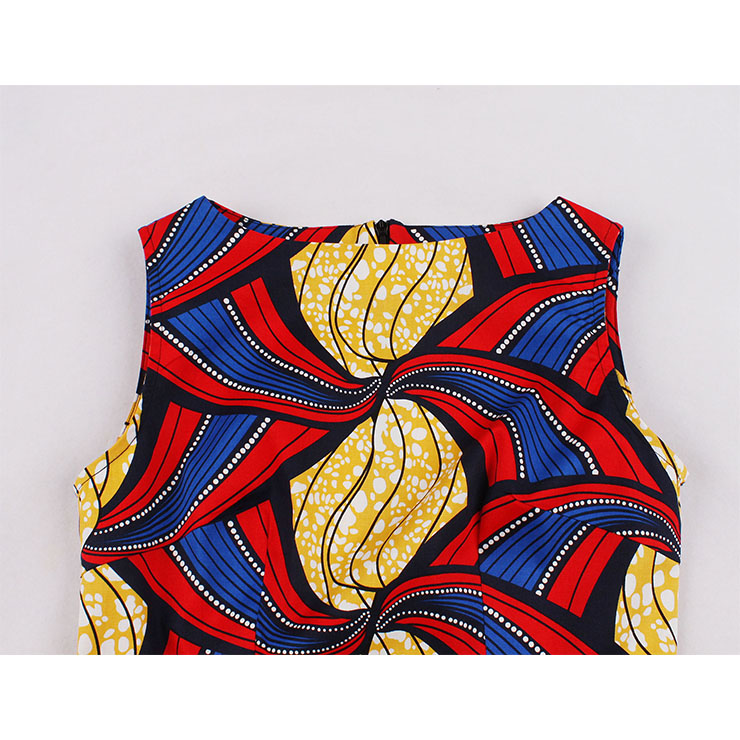 1950s Vintage Round Neckline Sleeveless Art Printed Sash High Waist Summer Swing Dress N21848
