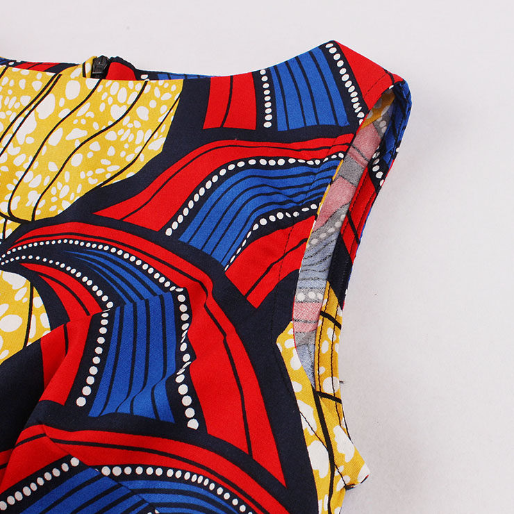 1950s Vintage Round Neckline Sleeveless Art Printed Sash High Waist Summer Swing Dress N21848
