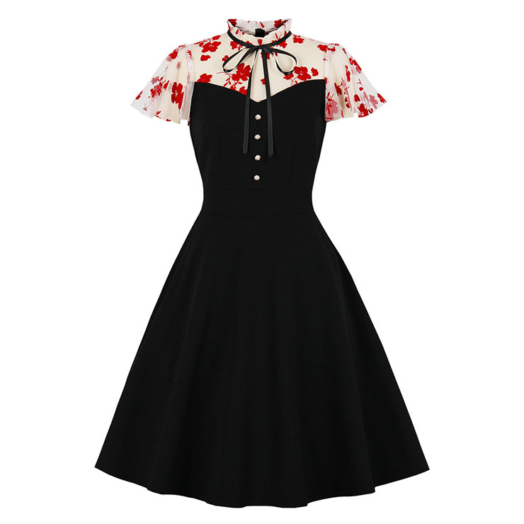 Vintage Scalloped Tie Collar See-through Mesh and Floral Sleeves High Waist Party Swing Dress N21489