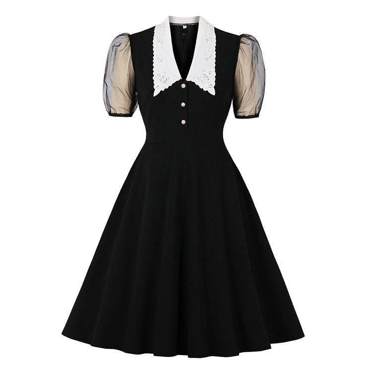 Vintage Peter Pan Collar See-through Puff Sleeves High Waist Cocktail Party Black Swing Dress N21504