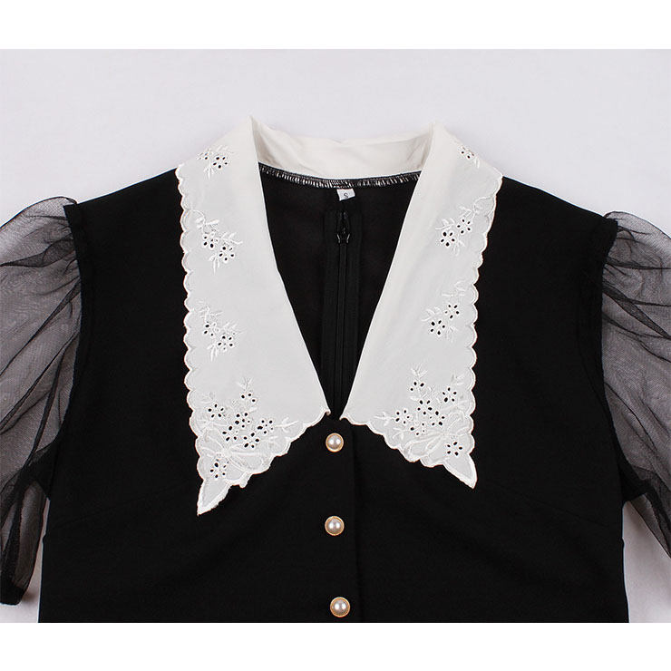 Vintage Peter Pan Collar See-through Puff Sleeves High Waist Cocktail Party Black Swing Dress N21504