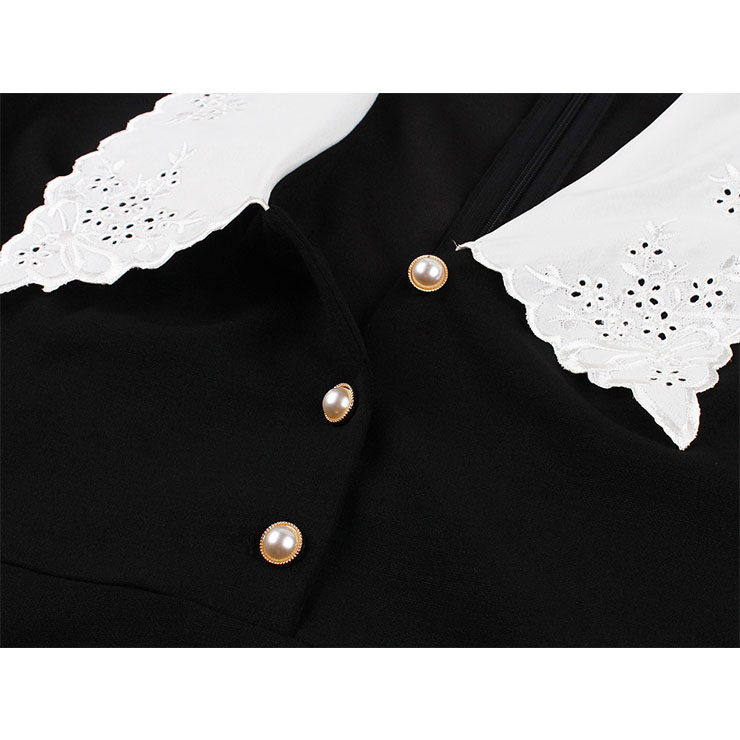 Vintage Peter Pan Collar See-through Puff Sleeves High Waist Cocktail Party Black Swing Dress N21504