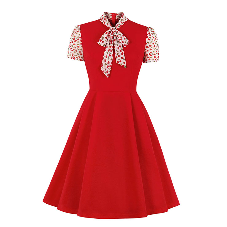 Vintage Tie Collar Short Sleeve Splicing High Waist Cocktail Party A-line Dress N20528