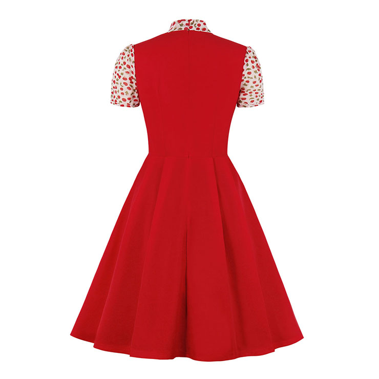 Vintage Tie Collar Short Sleeve Splicing High Waist Cocktail Party A-line Dress N20528