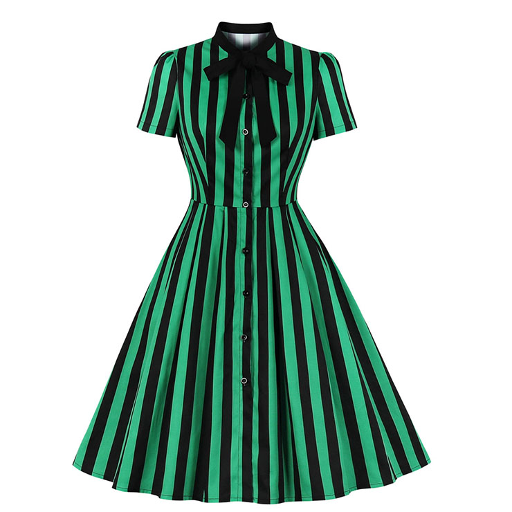 Vintage Bow-knot Tie Collar Short Sleeve Front Button Stripe High Waist Big Swing Dress N20620