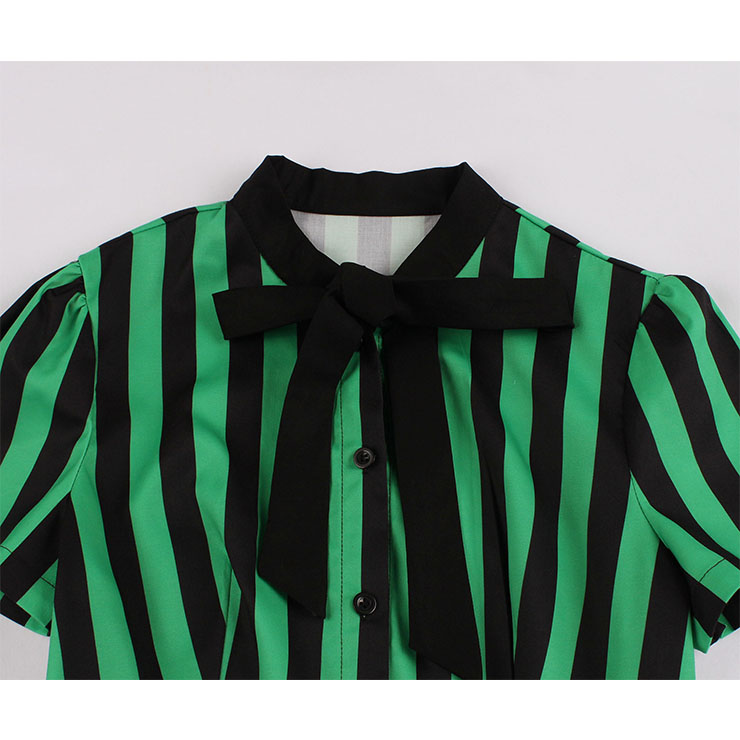 Vintage Bow-knot Tie Collar Short Sleeve Front Button Stripe High Waist Big Swing Dress N20620
