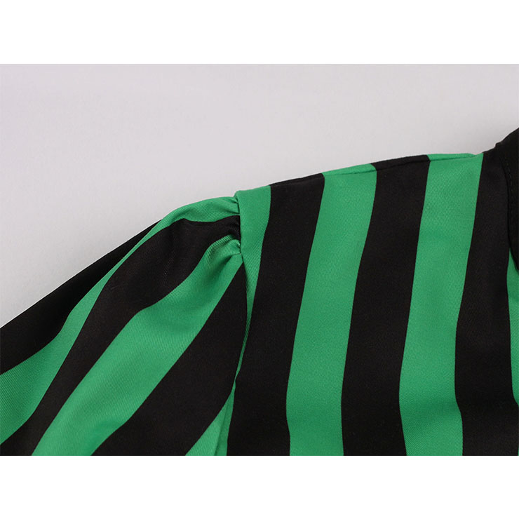 Vintage Bow-knot Tie Collar Short Sleeve Front Button Stripe High Waist Big Swing Dress N20620
