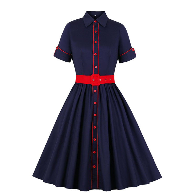 Vintage Navy-blue Turn-down Collar Short Sleeve Front Button Party Contrast Color Dress N21337
