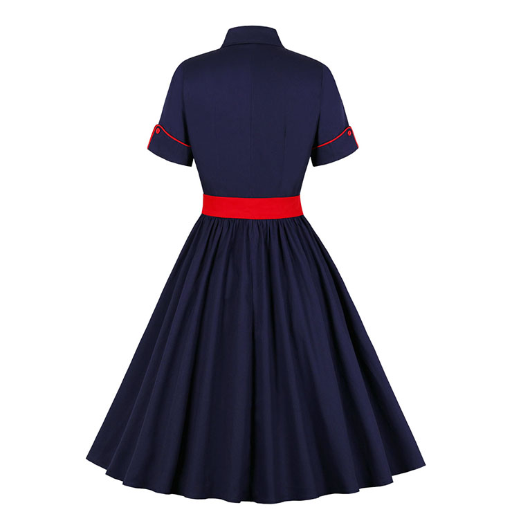 Vintage Navy-blue Turn-down Collar Short Sleeve Front Button Party Contrast Color Dress N21337
