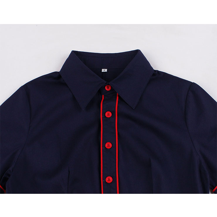 Vintage Navy-blue Turn-down Collar Short Sleeve Front Button Party Contrast Color Dress N21337