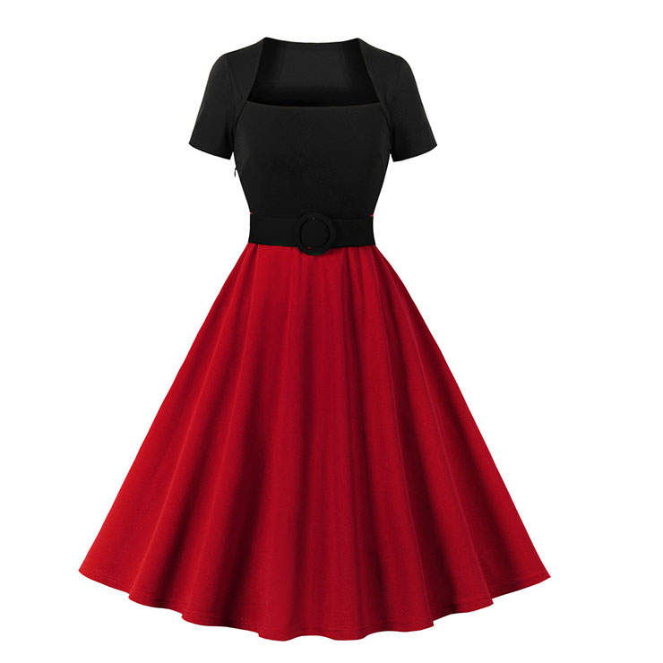 Fashion Short Sleeve High Waist Ruffle Hem Daily Swing Zipper Dress N22834