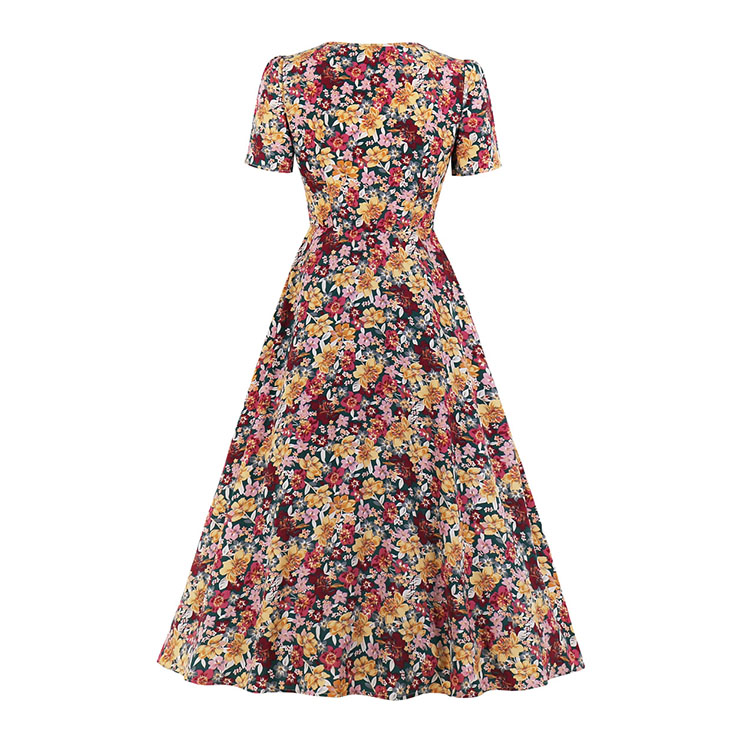 Vintage Floral Print Round Neck Short Sleeve Slim Waist Party Autumn Swing Maxi Dress N20836