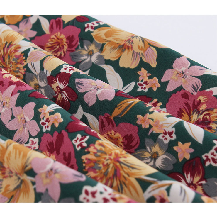 Vintage Floral Print Round Neck Short Sleeve Slim Waist Party Autumn Swing Maxi Dress N20836