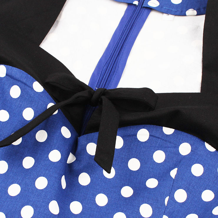 Women's Blue Vintage Sleeveless Dot Print Plus Size Swing Dress N15582