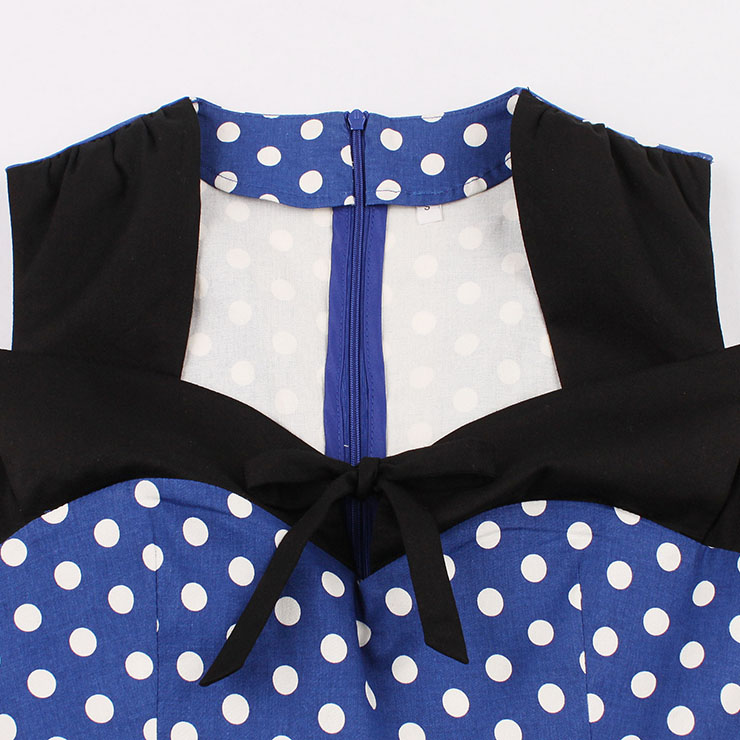 Women's Blue Vintage Sleeveless Dot Print Plus Size Swing Dress N15582