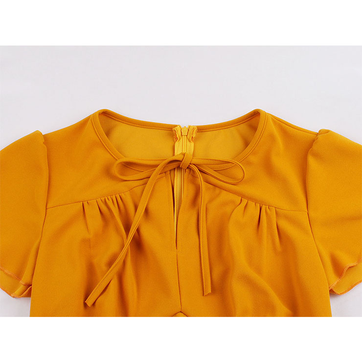 Retro Solid Color Round Neck Short Sleeve High Waist Midi Dress N19402