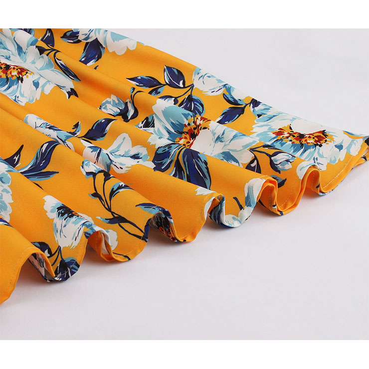 Retro Orange Floral Print Little Standing Collar Short Sleeve High Waist Midi Dress N19561