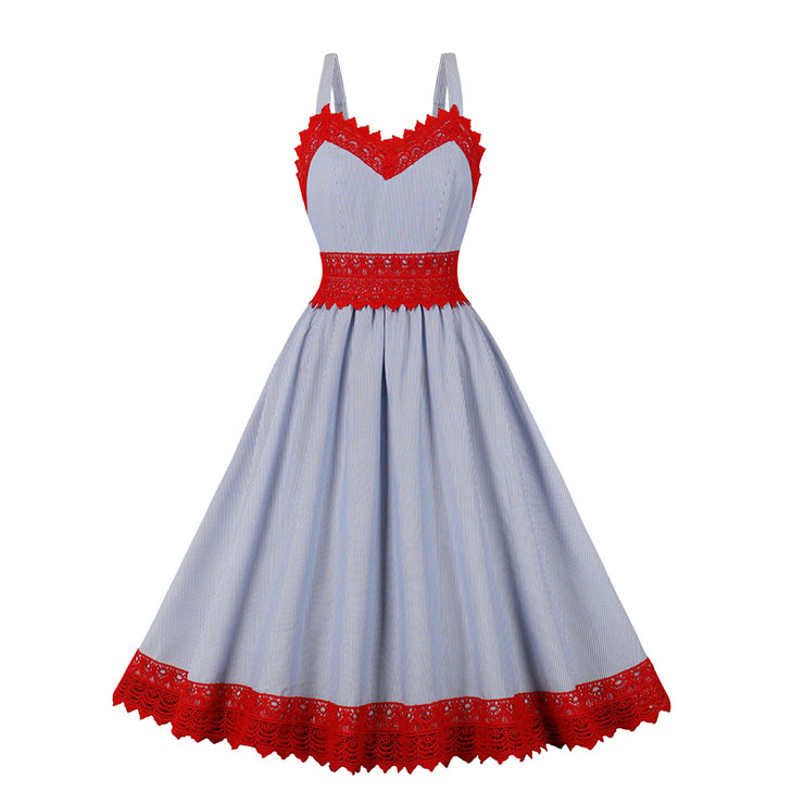 Vintage V Neck Spaghetti Straps Sleeveless High Waist Cocktail Party Midi Dress N22735