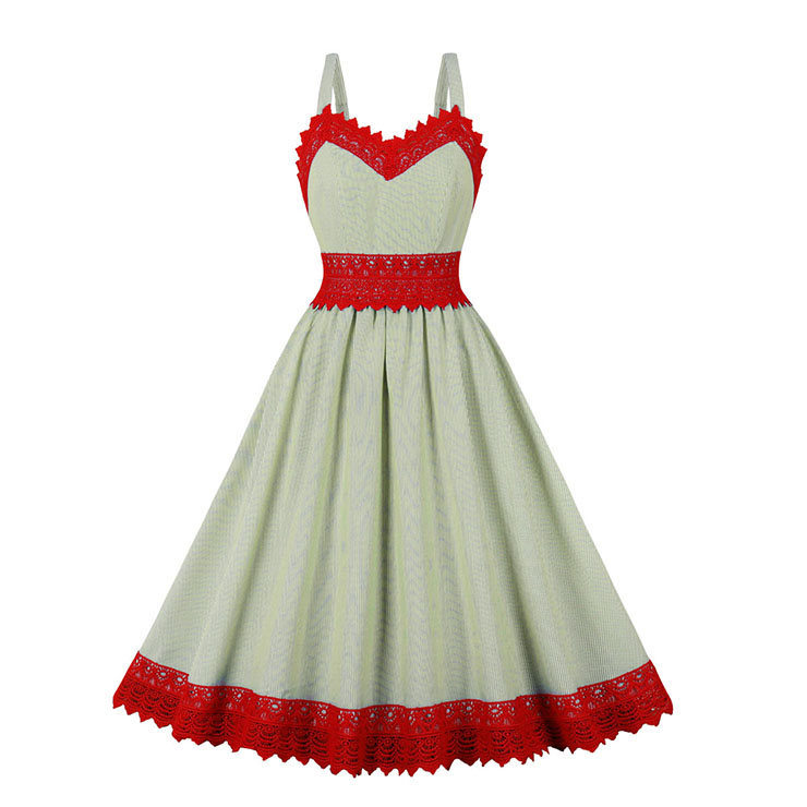 Vintage V Neck Spaghetti Straps Sleeveless High Waist Cocktail Party Midi Dress N22736