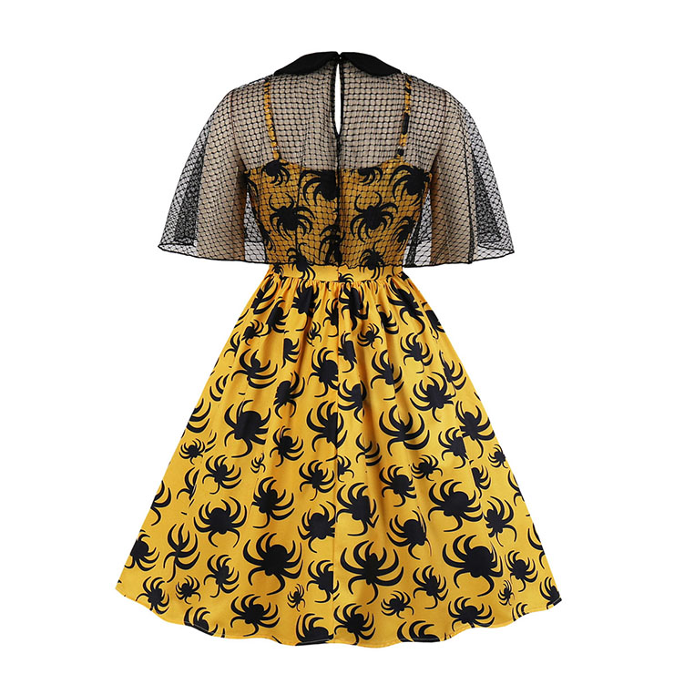 Sexy Spider Pattern Sheer Mesh Web Cape Spaghetti Straps Midi Dress N19236