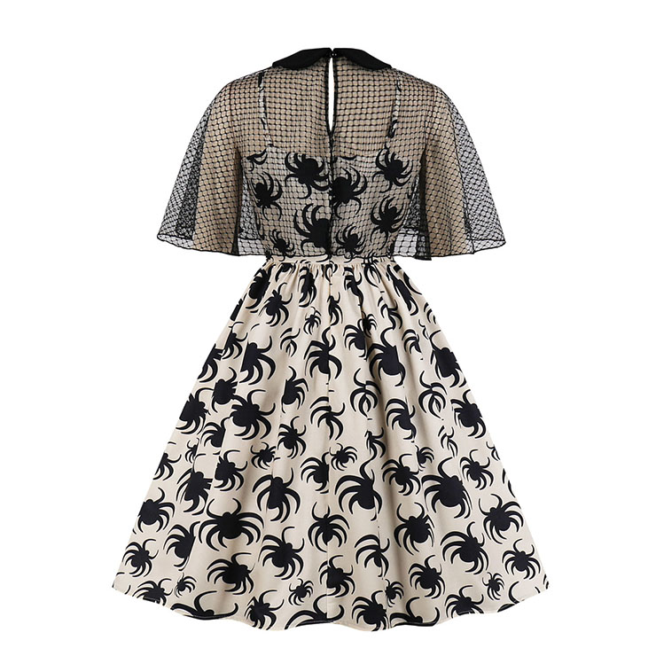 Sexy Spider Pattern Sheer Mesh Web Cape Spaghetti Straps Midi Dress N19237