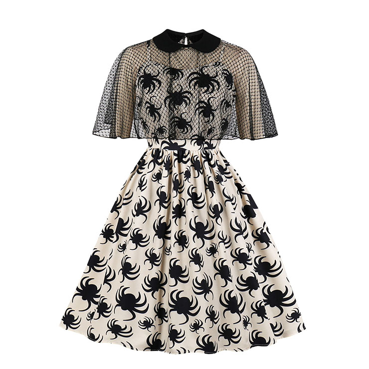 Sexy Spider Pattern Sheer Mesh Web Cape Spaghetti Straps Midi Dress N19237