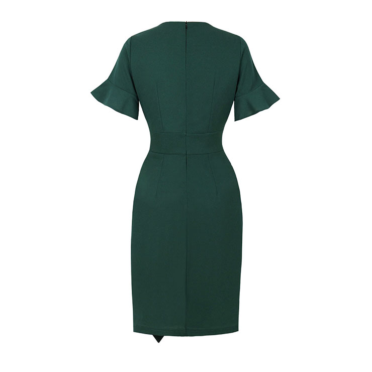 Vintage Split Scoop Neckline Flare Sleeve Solid Color High Waist Office Cocktail Wrap Dress N21844