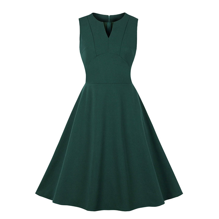 Vintage Split Scoop Neckline Sleeveless Solid Color High Waist Office Cocktail Midi Dress N21843