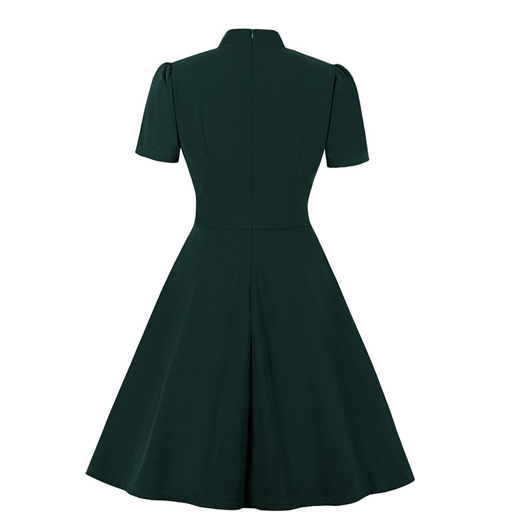 Vintage Solid Color Stand Collar Short Sleeve High Waist A-line Midi Dress N19940
