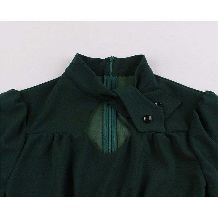 Vintage Solid Color Stand Collar Short Sleeve High Waist A-line Midi Dress N19940