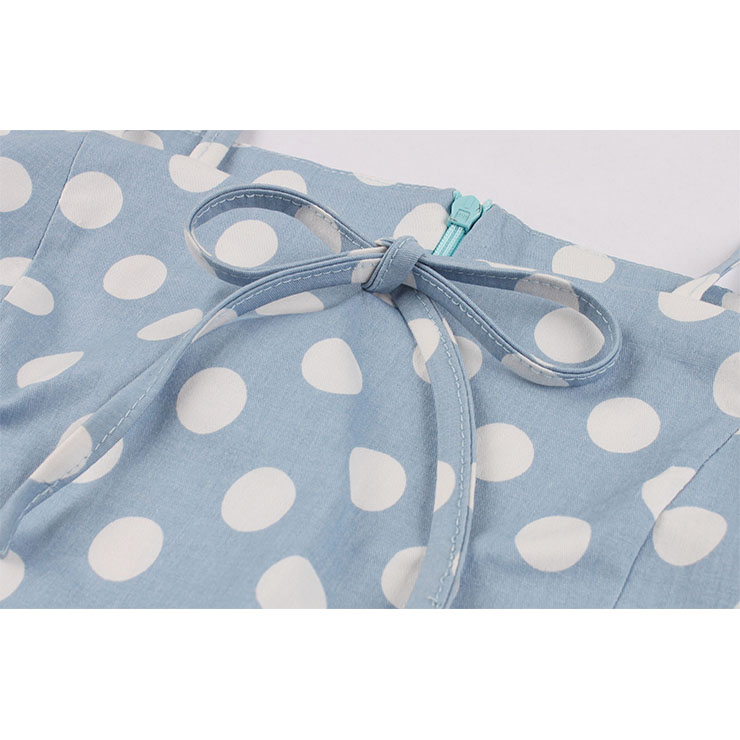 Sexy Light Blue Vintage Strappy Polka Dot Printed Swing Summer Day Dress N18040