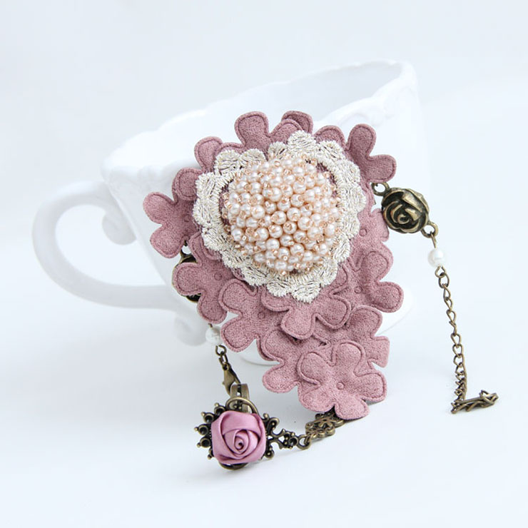 Vintage Style Pink Floral Embroidery Bead Bracelet with Ring J17922
