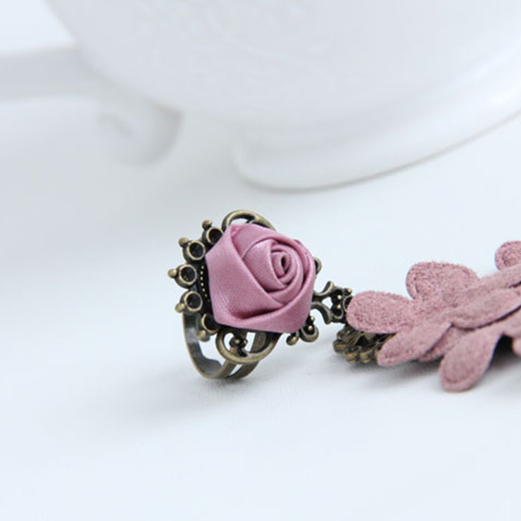 Vintage Style Pink Floral Embroidery Bead Bracelet with Ring J17922