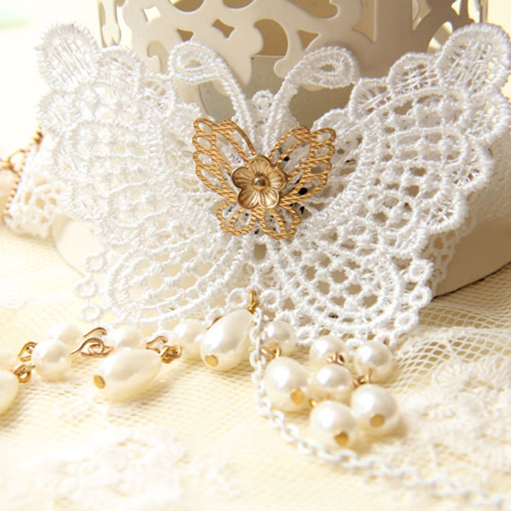 Vintage Style White Butterfly Pearl Bracelet with Ring J18006