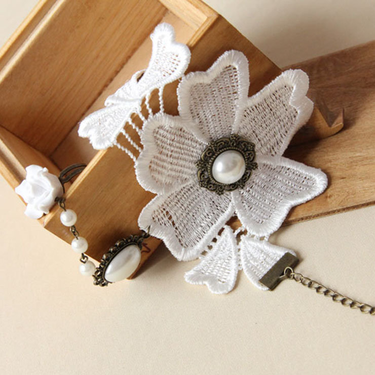 Vintage Style White Flower Embroidery Pearl Bracelet with Ring J18007