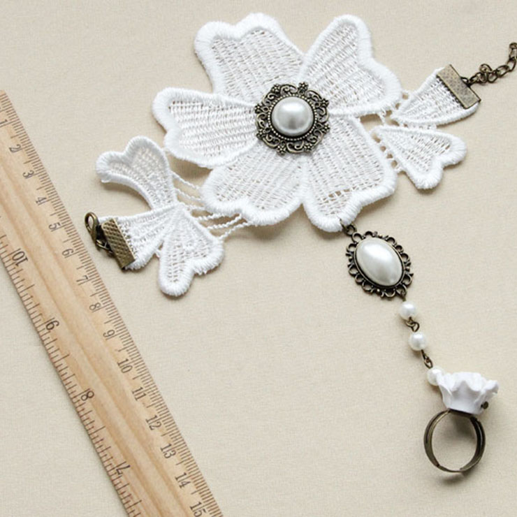 Vintage Style White Flower Embroidery Pearl Bracelet with Ring J18007